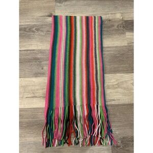Oilily Striped Knit Scarf Wool Acrylic Fringe Pink Green Orange Teal Women